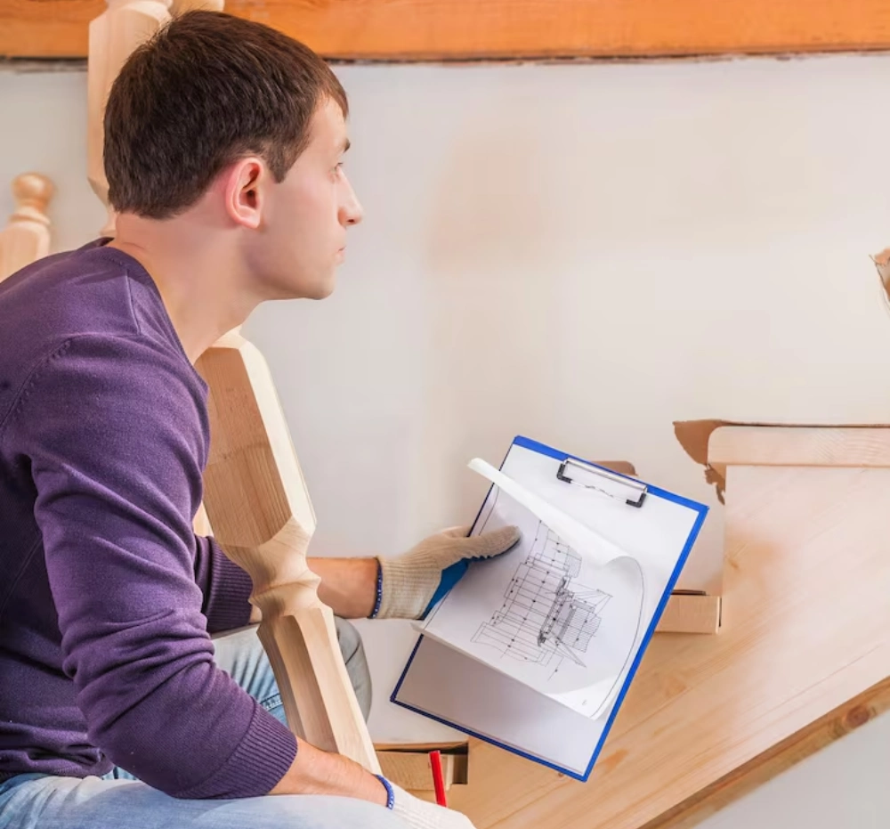 worker sitting on steps, holding clipboard with blueprint